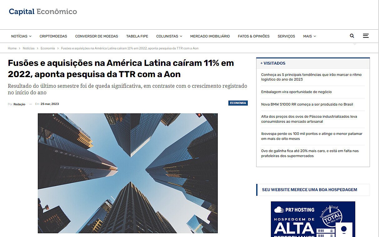 Fuses e aquisies na Amrica Latina caram 11% em 2022, aponta pesquisa da TTR com a Aon
